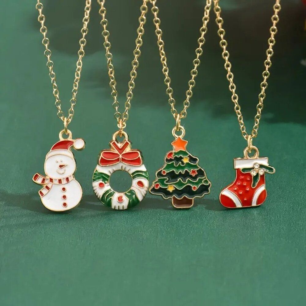 4pcs Christmas Festive Holiday Necklace Set Snowman, Wreath, Tree and Stocking